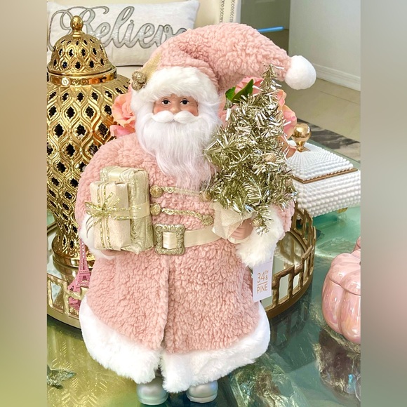NWT  Pink Standing Santa Figurine New Gold & Silver Holiday Decor - Picture 1 of 10